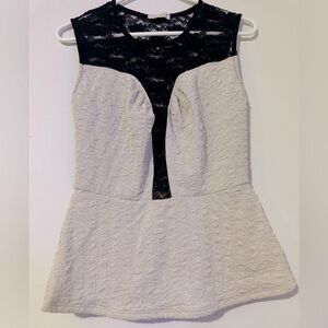 Love J Sleeveless Peplum Blouse w/ Sheer Black Floral Lace Detailing